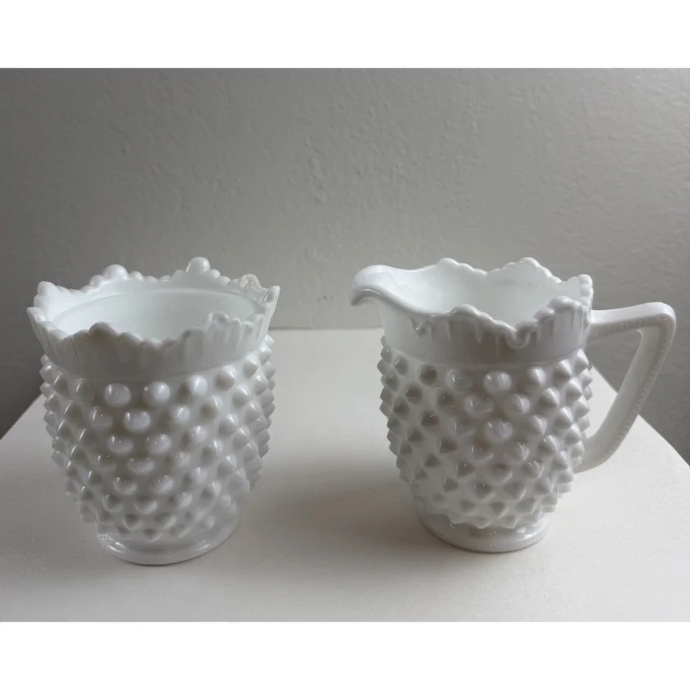 Vintage Fenton English Hobnail Milk Glass Creamer & Sugar Set White Ruffled Edge